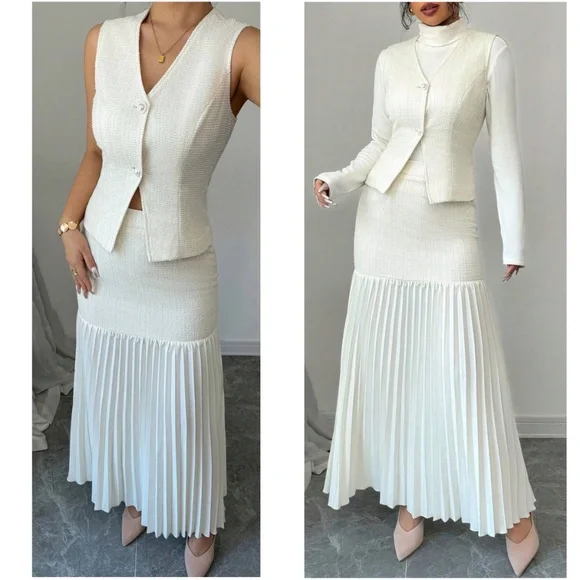 Classic Solid Botton Vest High Waisted Maxi Skirt Set - Picture 3 of 3